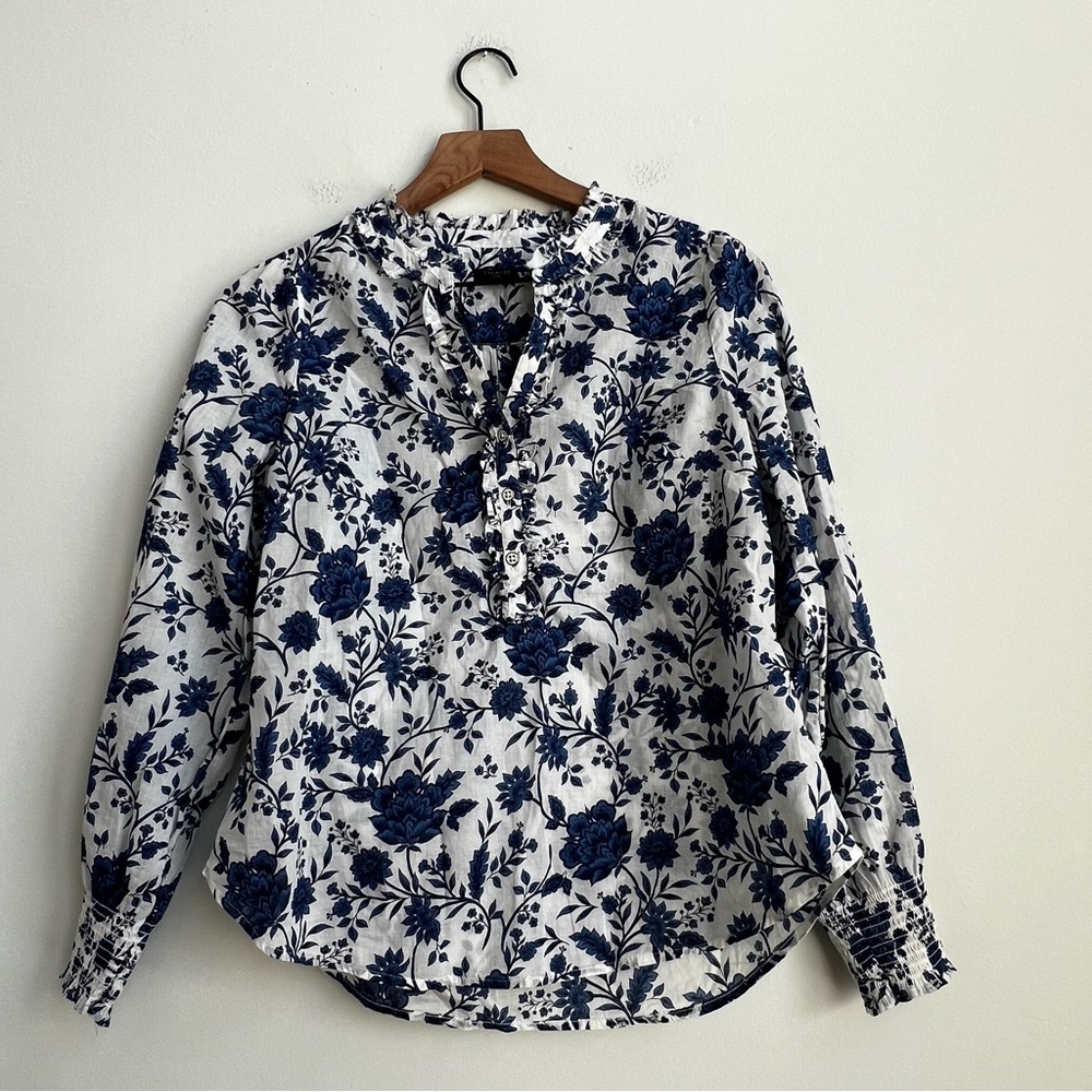 Talbots Popover Petite S Vibrant Floral Ruffle Trim Blouse Blue Coquette Cottage - Picture 2 of 11